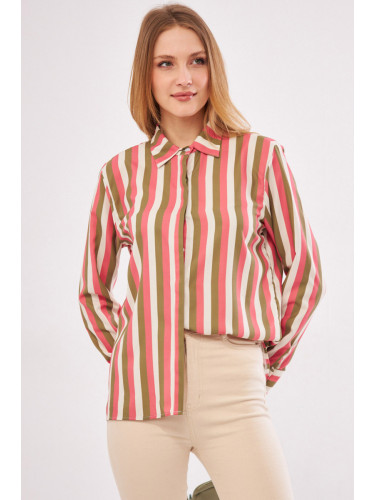 armonika Women's Pink Pende Shirt Hidden Fly Wide Cuff Striped