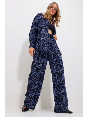 Trend Alaçatı Stili Women's Midnight Blue Patterned Shirt And Trousers Bottom Top Woven Suit