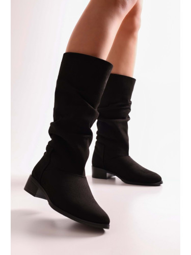 Shoeberry Women's Jerica Black Suede Belted Plain Boots Black Suede
