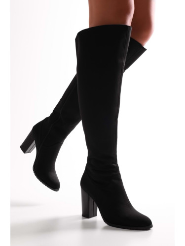 Shoeberry Women's Gila Black Suede Heeled Boots Black Suede