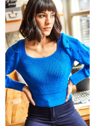 Olalook Women's Saxe Blue Tie Back Sleeve Pompom Knitwear Sweater