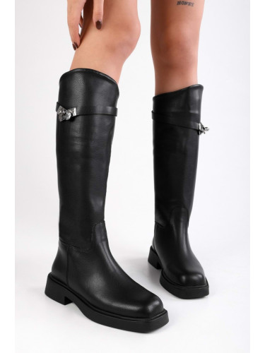 Shoeberry Women's Gaiza Black Thick Sole Buckled Boots