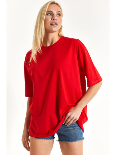 armonika Women's Red Round Neck Oversize T-shirt