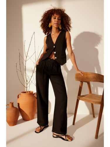 Trendyol Black 100% Linen Pleated High Waist Wide Leg Trousers