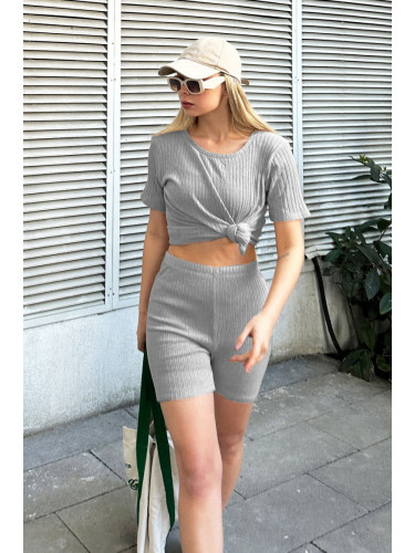 Trend Alaçatı Stili Women's Gray Crew Neck Shorts Double Suit