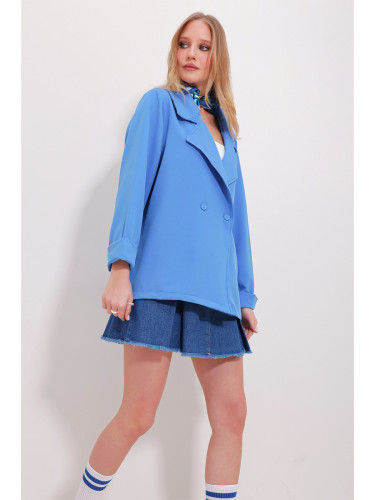 Trend Alaçatı Stili Women's Aviator Blue Double Breasted Collar Buttoned Double Sleeve Atlas Jacket
