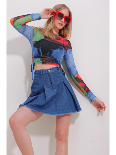 Trend Alaçatı Stili Women's Blue Crew Neck Digital Patterned Side Gathered Tulle Crop Blouse