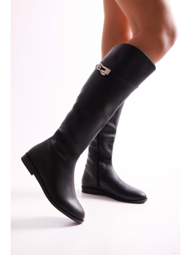 Shoeberry Women's Meroni Black Buckle Boots with Black Skin.