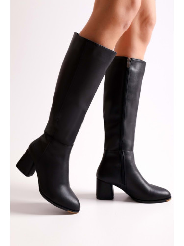Shoeberry Women's Kiella Black Skin Heeled Boots, Black Skin