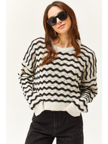 Olalook Women's Ecru Black Wave Striped Openwork Seasonal Knitwear Blouse