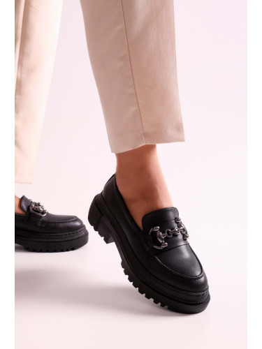 Shoeberry Women's Rex Black Skin Loafers with Thick Soles and Buckles. Black Skin.