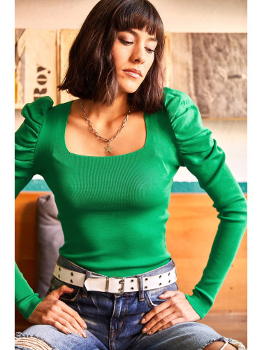 Olalook Women's Grass Green Princess Sleeve Square Collar Knitwear Blouse