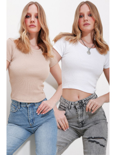 Trend Alaçatı Stili Women's White-Beige Crew Neck 2 Pack Crop Knitted Blouse
