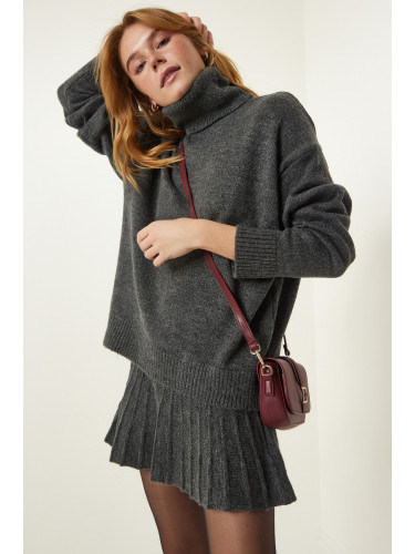 Happiness İstanbul Women's Dark Gray Turtleneck Sweater Skirt Knitwear Suit