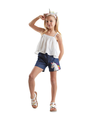 Denokids Colorful Tassel Unicorn Girl's Summer Blouse Denim Shorts Set