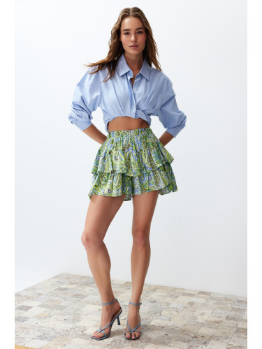 Trendyol Oil Green Shawl Pattern Ruffle Waist Elastic Detail Viscose Woven Shorts