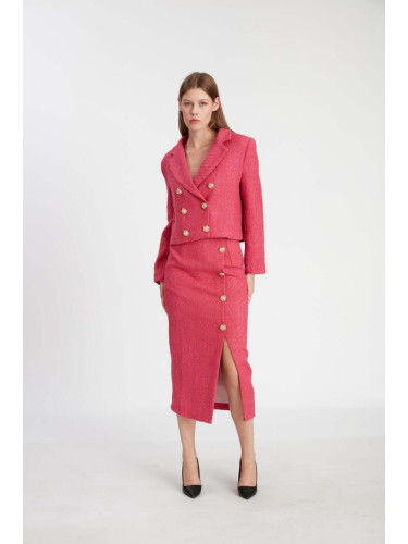 Laluvia Fuchsia Gold Patterned Button-Skirt Suit