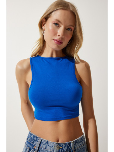Happiness İstanbul Women's Blue Barbell Neck Crop Knitted Blouse