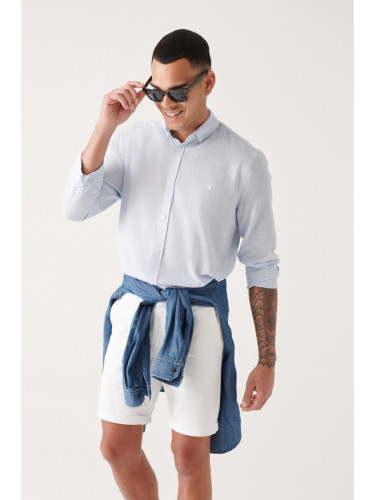 Avva Men's Blue Easy-Iron Button Collar Textured Cotton Standard Fit Regular Cut Shirt