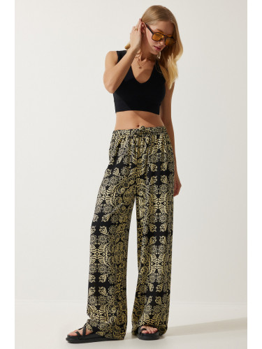 Happiness İstanbul Women's Black Beige Patterned Raw Linen Palazzo Trousers