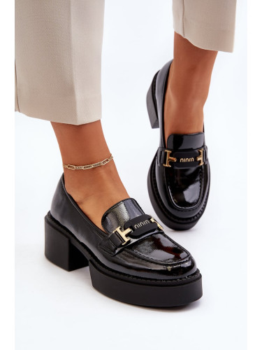 Women's patent leather loafers with massive heels, black Ridulvi
