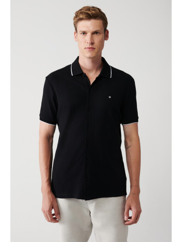 Avva Men's Black 100% Cotton Ribbed Jacquard Short Sleeve Knitted Regular Fit Shirt