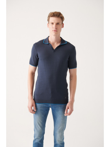 Avva Men's Navy Blue Buttonless Polo Neck Knitted Detailed Ribbed Regular Fit Knitwear T-shirt