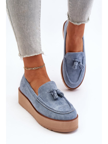 Women's platform loafers with fringe, blue Mialani