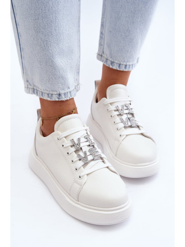 Women's leather sneakers with embellishments, white dysuria