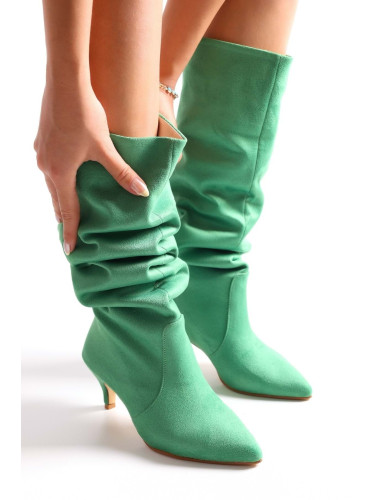 Shoeberry Women's Pia Green Suede Gathered Heel Boots Green Suede