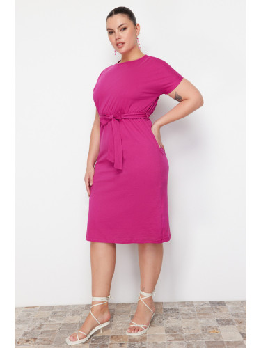 Trendyol Curve Fuchsia Belted Crew Neck 100% Cotton Knitted Dress
