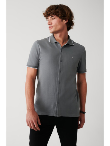 Avva Men's Gray 100% Cotton Ribbed Jacquard Short Sleeve Knitted Regular Fit Shirt