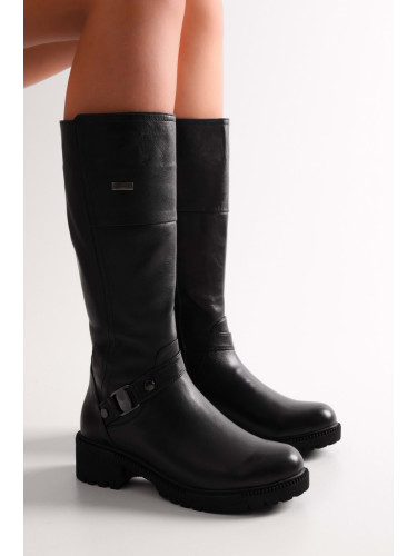 Shoeberry Women's Senda Black Genuine Leather Heeled Boots Black Genuine Leather
