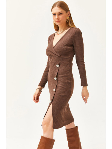 Olalook Women's Bitter Brown Double Breasted Collar Slit Button Detailed Raised Dress