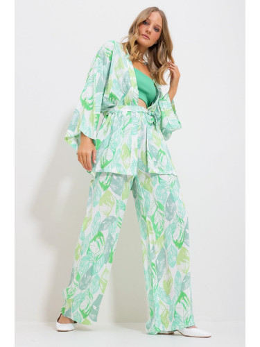 Trend Alaçatı Stili Women's Green Kimono Jacket And Palazzo Pants Suit