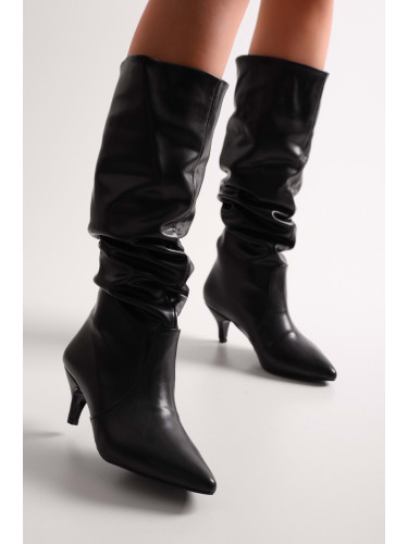 Shoeberry Women's Verda Black Skin Gathered Heel Boots Black Skin