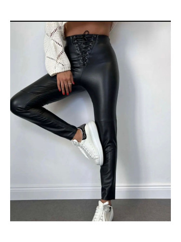 Laluvia Black Leather Leggings With Rope Detail In The Front.