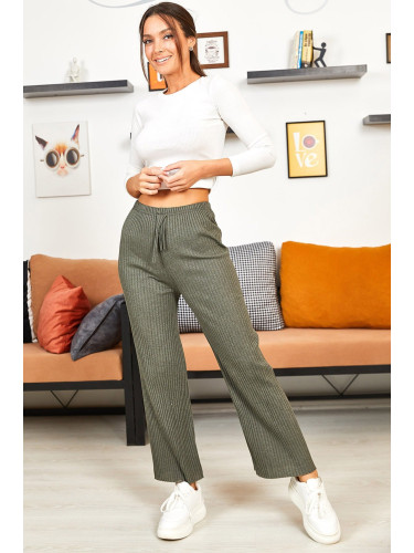 armonika Women's Khaki Elastic Waist, Corduroy Sweater Trousers
