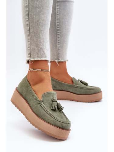 Women's platform loafers with fringes, green mialani