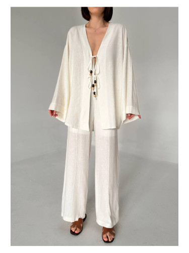 Laluvia Ecru Beaded Kimono Linen Suit