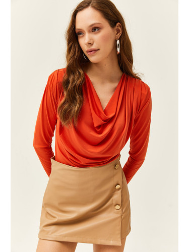 Olalook Women's Orange Waistband Pleated Roll Up Collar Blouse