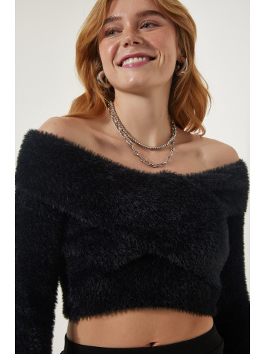 Happiness İstanbul Women's Black Cross Neck Bearded Crop Knitwear Sweater