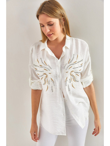 Bianco Lucci Women's Stone Embroidered Patterned Linen Ayrobin Shirt