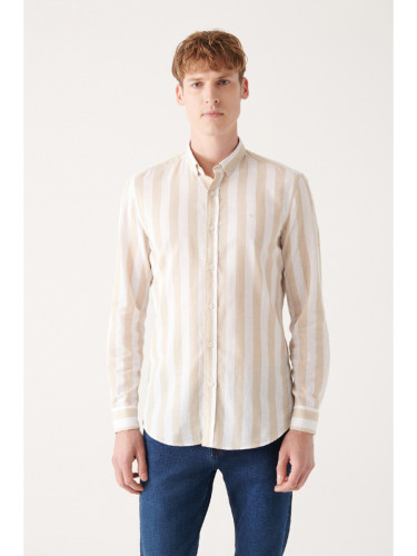 Avva Men's Beige Cotton Linen Buttoned Bottom Collar Striped Regular Fit Shirt