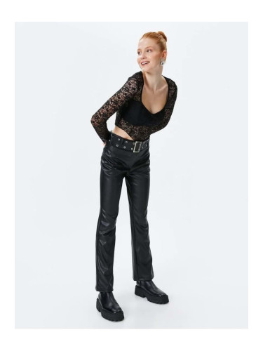 Koton Leather Look Trousers Belt Detailed Spanish Crop Leg