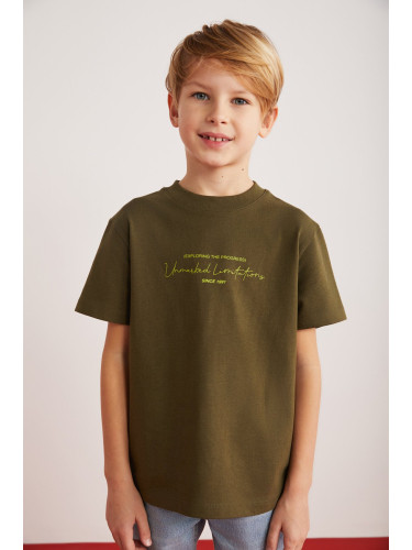 GRIMELANGE Rune Boys' 100% Cotton Short Sleeve Piece Printed Crew Neck Khaki T-shirt