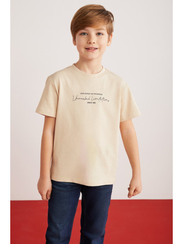 GRIMELANGE Rune Boys' 100% Cotton Short Sleeve Piece Printed Crew Neck Beige T-shirt