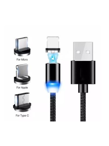 Плетен Магнитен USB кабел 3в1 с приставки за MicroUSB,Lightning и Type-C