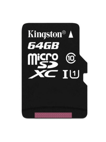 Карта памет 64GB microSDHC Kingston, UHS-I, скорост на четене 80МB/s, скорост на запис 10MB/s
