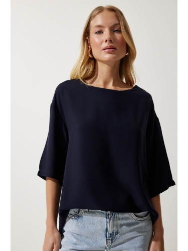 Happiness İstanbul Women's Navy Blue Crew Neck Flowy Viscose Blouse